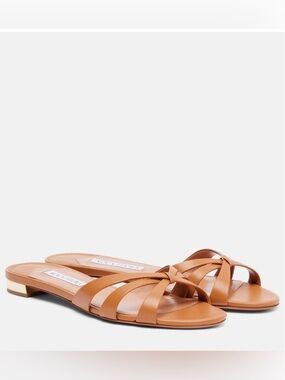 Aquazzura Tati Leather Slide Sandals Light Caramel size 8.5